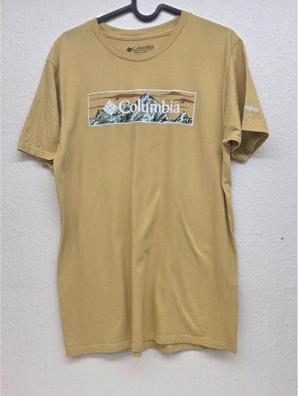 Columbia Mens Medium M T Shirt Yellow Short Sleeve Graphic Tee Hiking Outdoor To